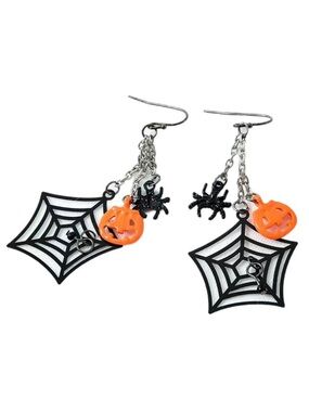 Halloween Spider Web Pumpkin Dangle Earrings